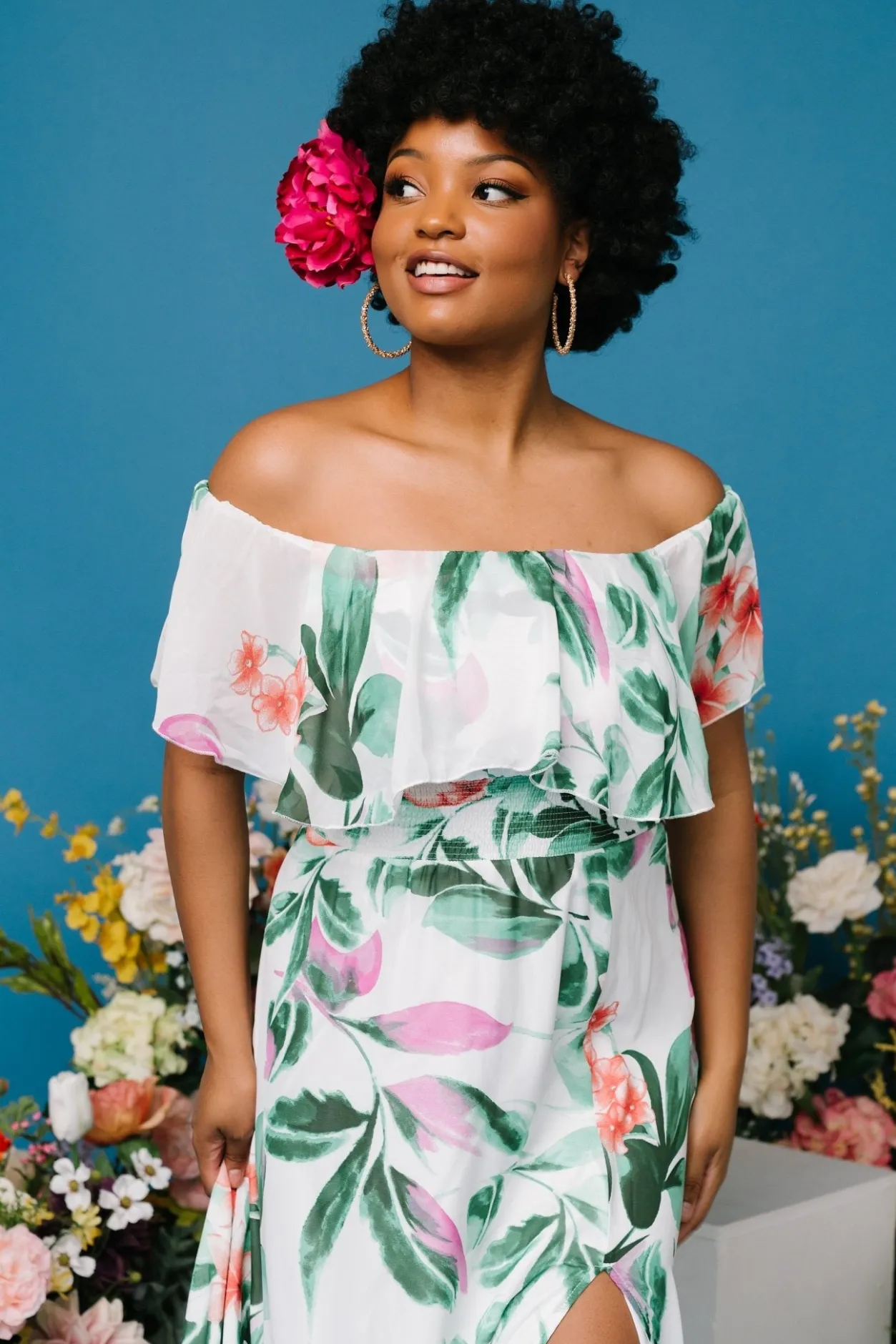Online Baltic Born Daphne Off Shoulder Maxi Dress | White + Green Multi Floral White+GreenMultiFloral