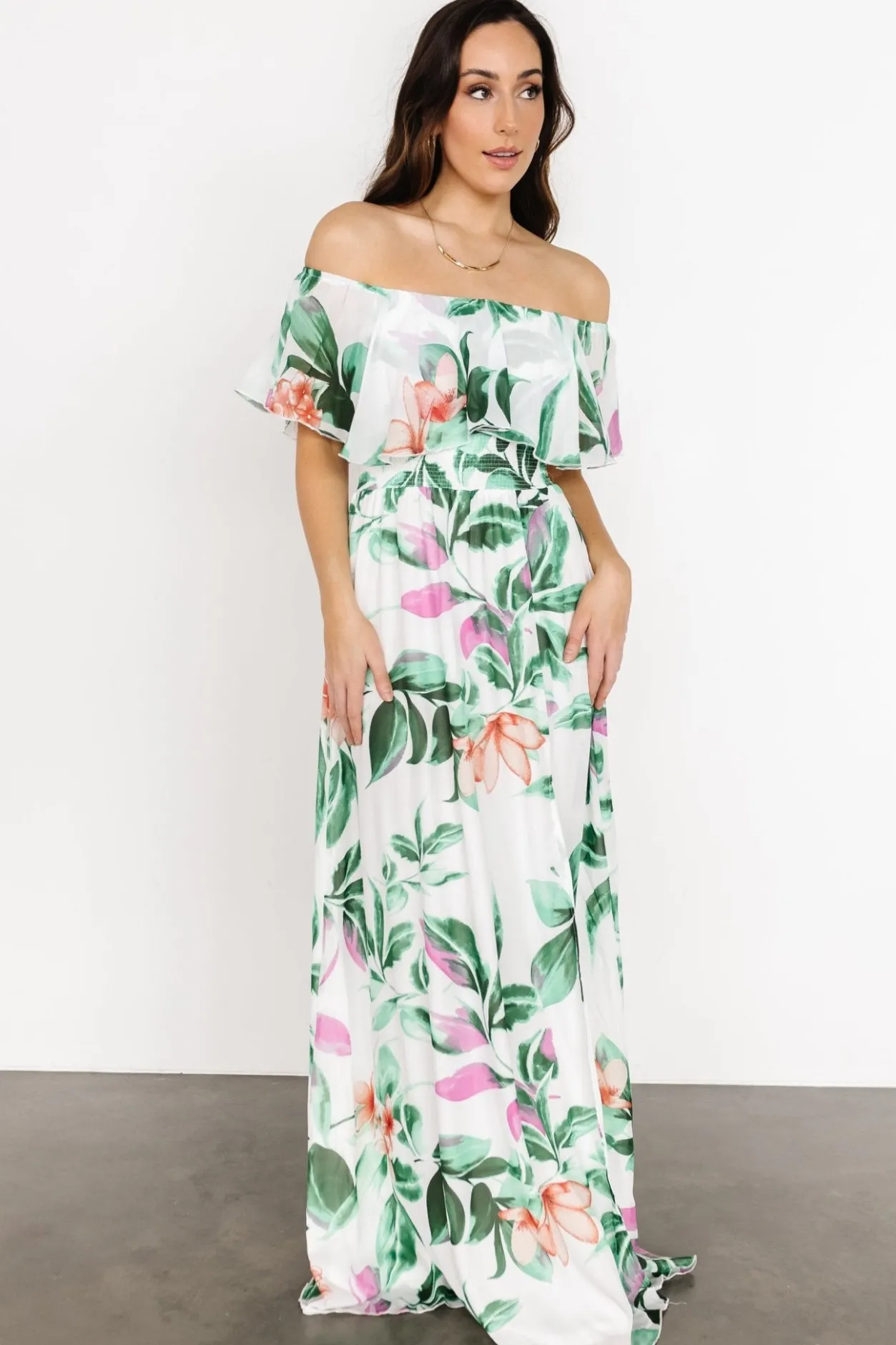 Online Baltic Born Daphne Off Shoulder Maxi Dress | White + Green Multi Floral White+GreenMultiFloral