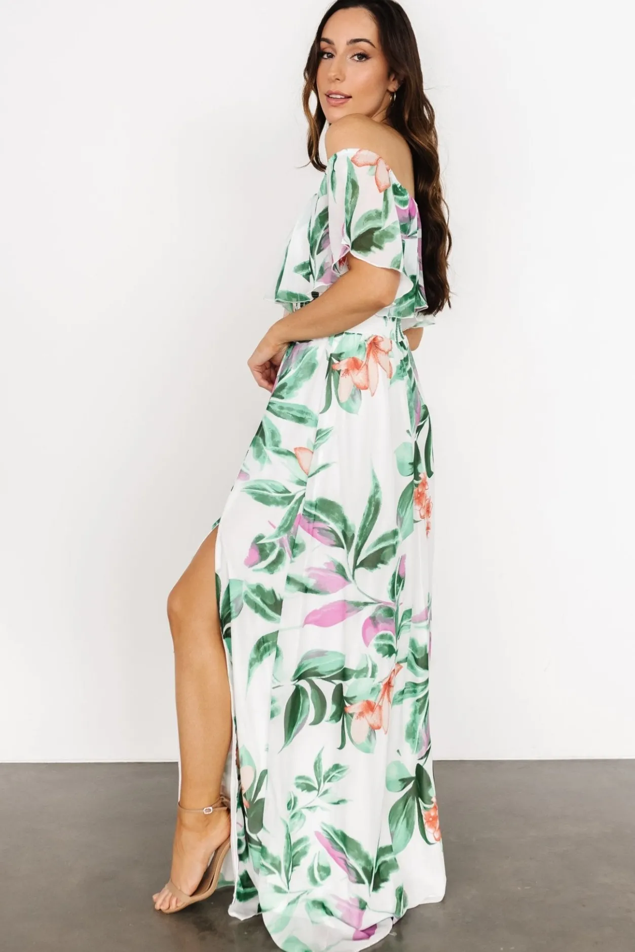 Online Baltic Born Daphne Off Shoulder Maxi Dress | White + Green Multi Floral White+GreenMultiFloral