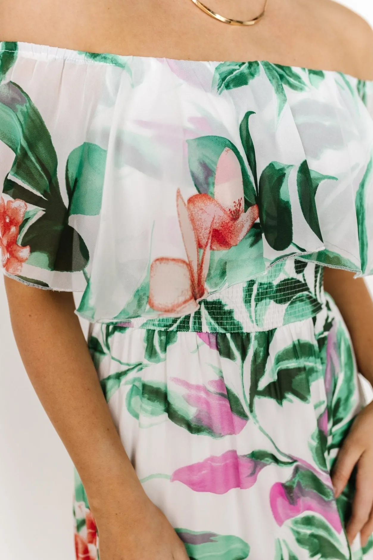 Online Baltic Born Daphne Off Shoulder Maxi Dress | White + Green Multi Floral White+GreenMultiFloral