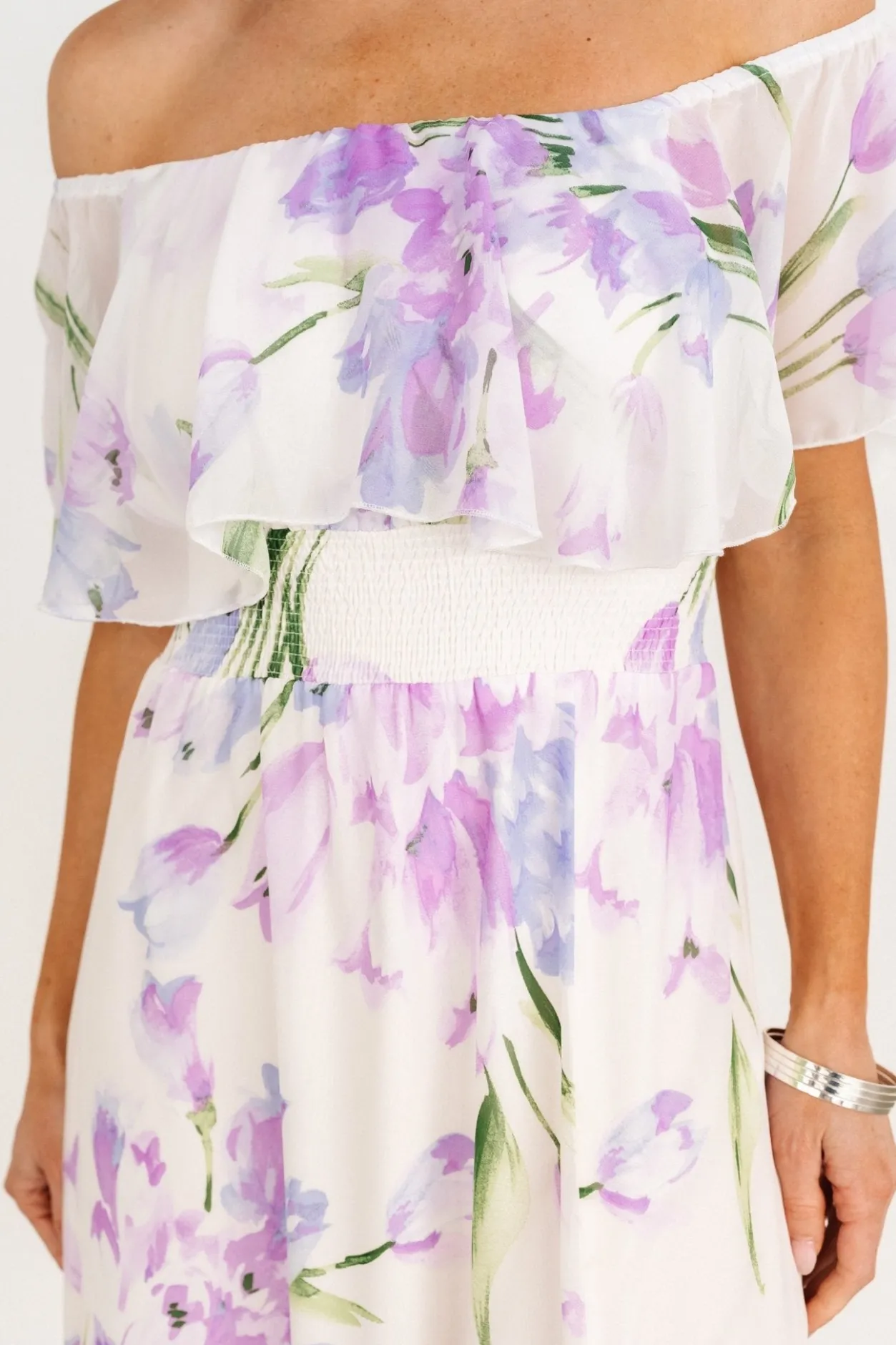 Online Baltic Born Daphne Off Shoulder Maxi Dress | Ivory + Lavender Floral Ivory+LavenderFloral