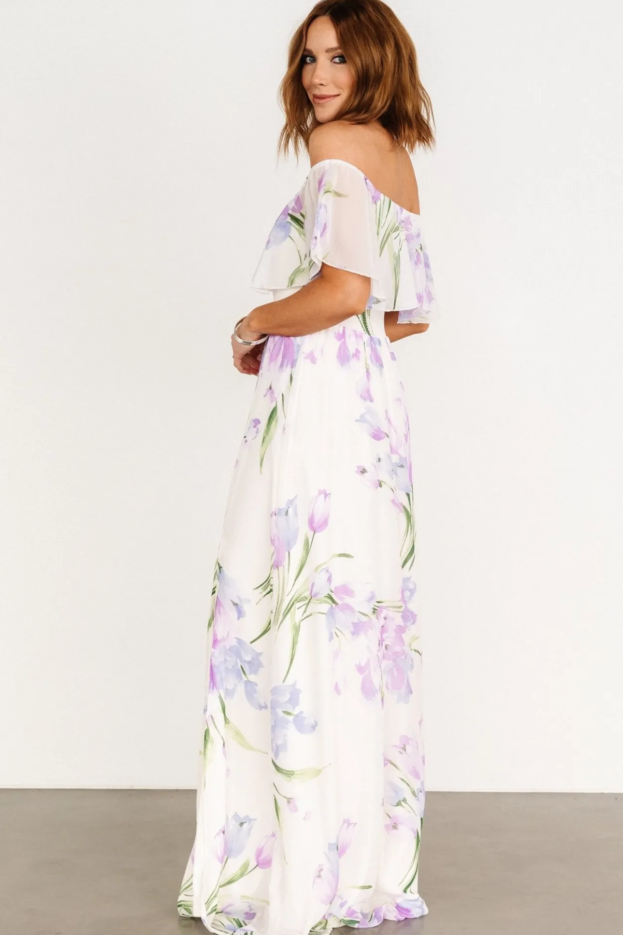 Online Baltic Born Daphne Off Shoulder Maxi Dress | Ivory + Lavender Floral Ivory+LavenderFloral