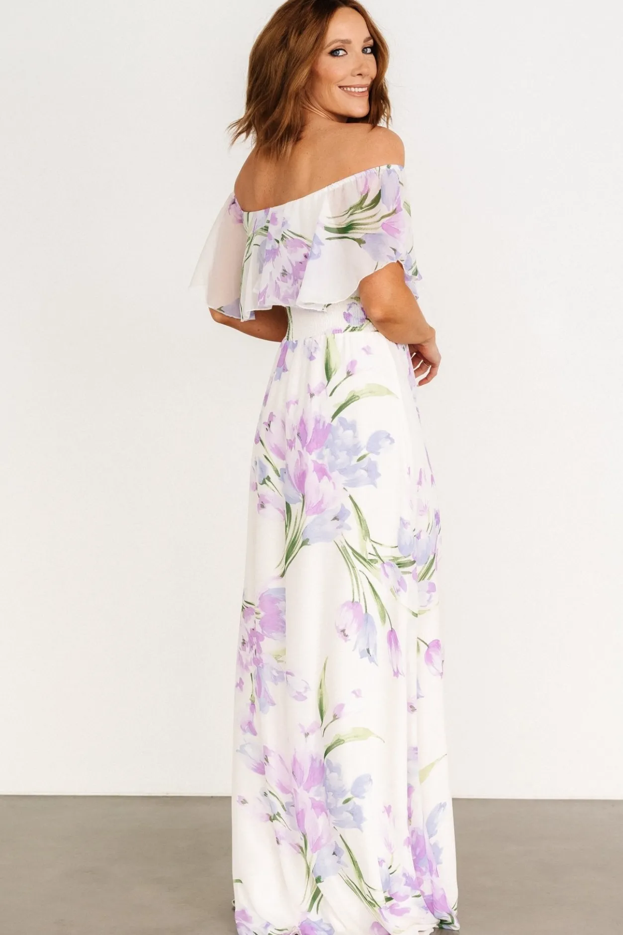 Online Baltic Born Daphne Off Shoulder Maxi Dress | Ivory + Lavender Floral Ivory+LavenderFloral