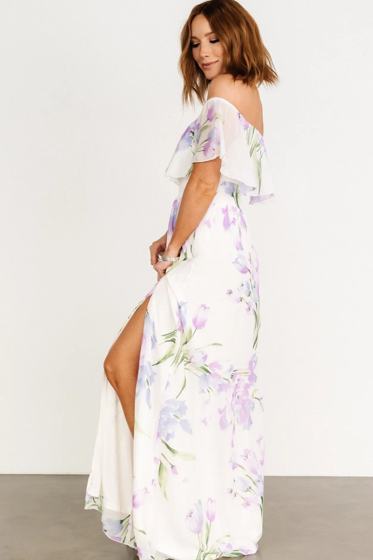 Online Baltic Born Daphne Off Shoulder Maxi Dress | Ivory + Lavender Floral Ivory+LavenderFloral