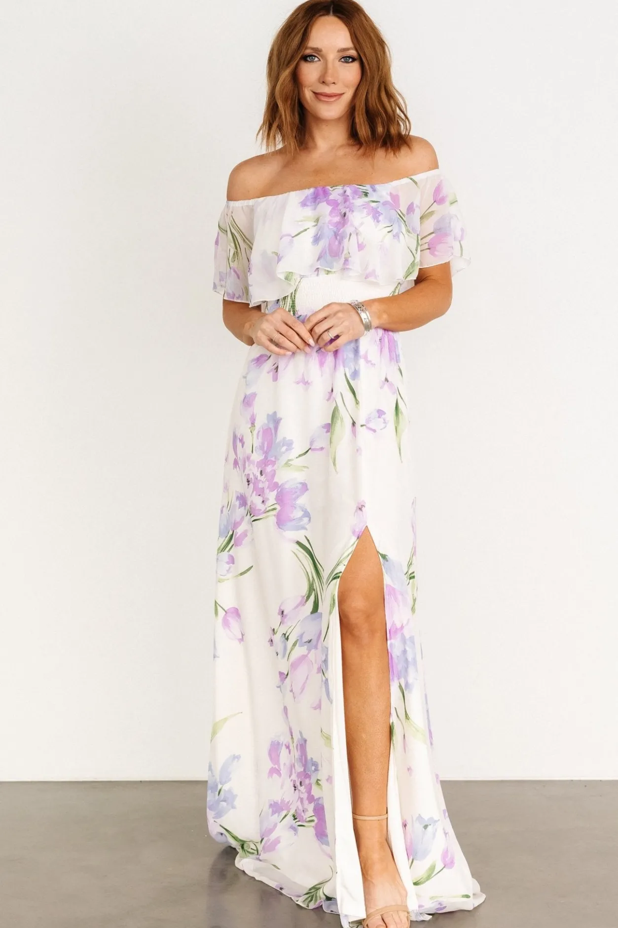 Online Baltic Born Daphne Off Shoulder Maxi Dress | Ivory + Lavender Floral Ivory+LavenderFloral