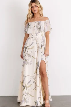 New Baltic Born Daphne Off Shoulder Maxi Dress | Beige + Blue Floral Beige+BlueFloral