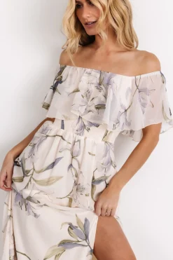 New Baltic Born Daphne Off Shoulder Maxi Dress | Beige + Blue Floral Beige+BlueFloral