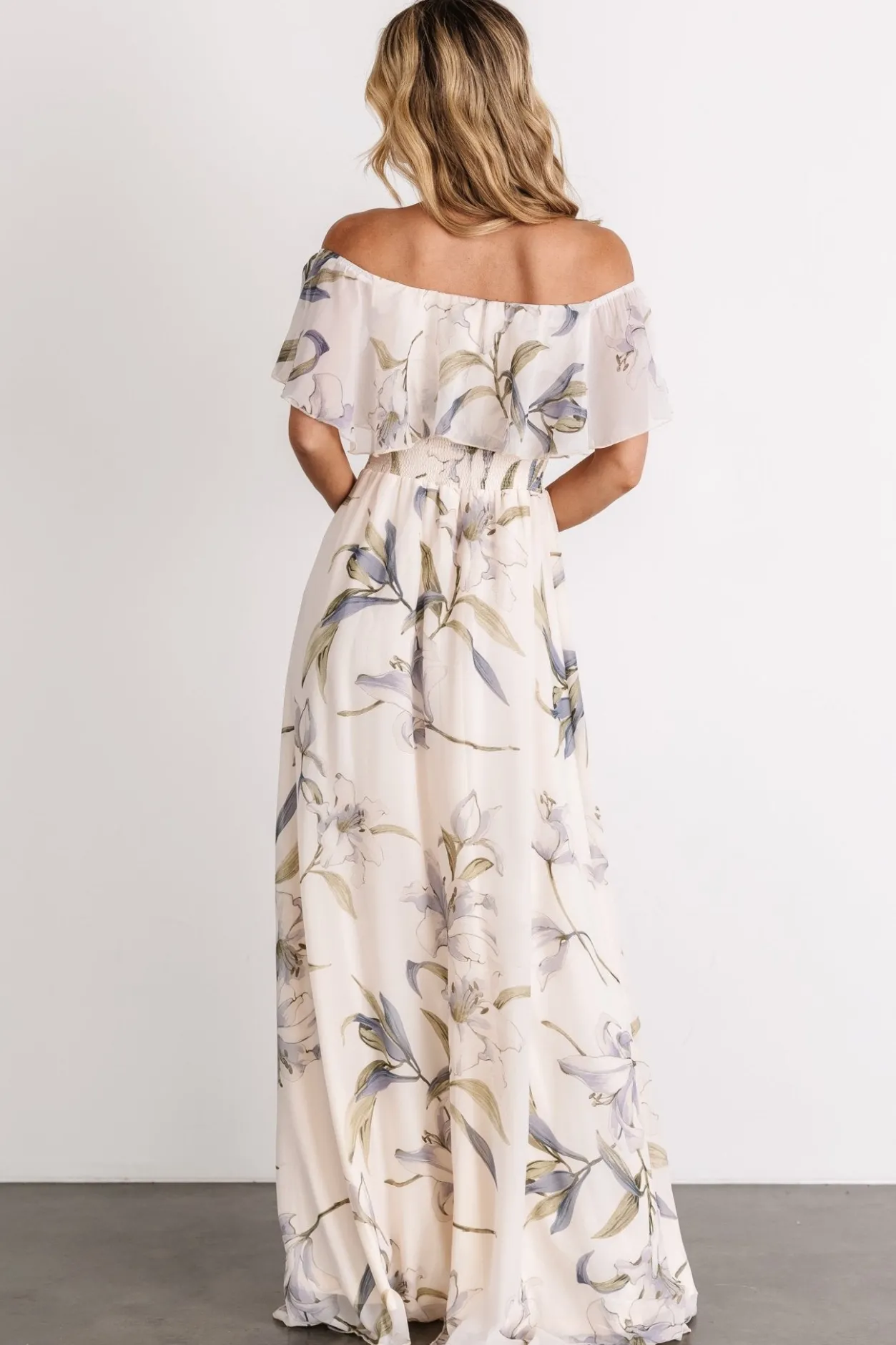 New Baltic Born Daphne Off Shoulder Maxi Dress | Beige + Blue Floral Beige+BlueFloral