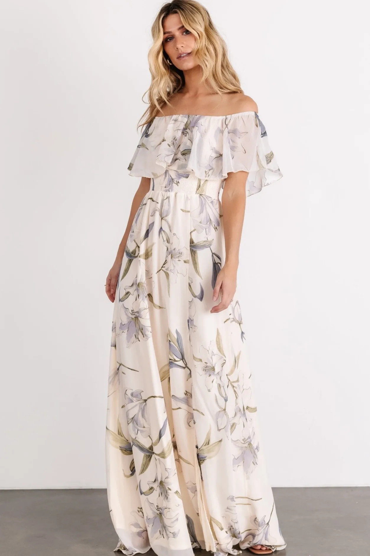 New Baltic Born Daphne Off Shoulder Maxi Dress | Beige + Blue Floral Beige+BlueFloral