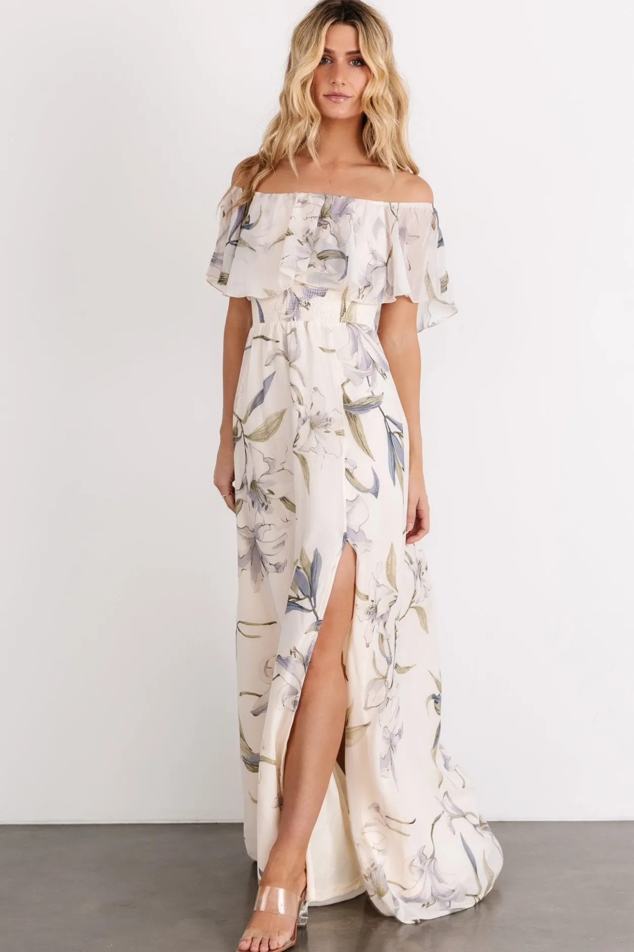 New Baltic Born Daphne Off Shoulder Maxi Dress | Beige + Blue Floral Beige+BlueFloral