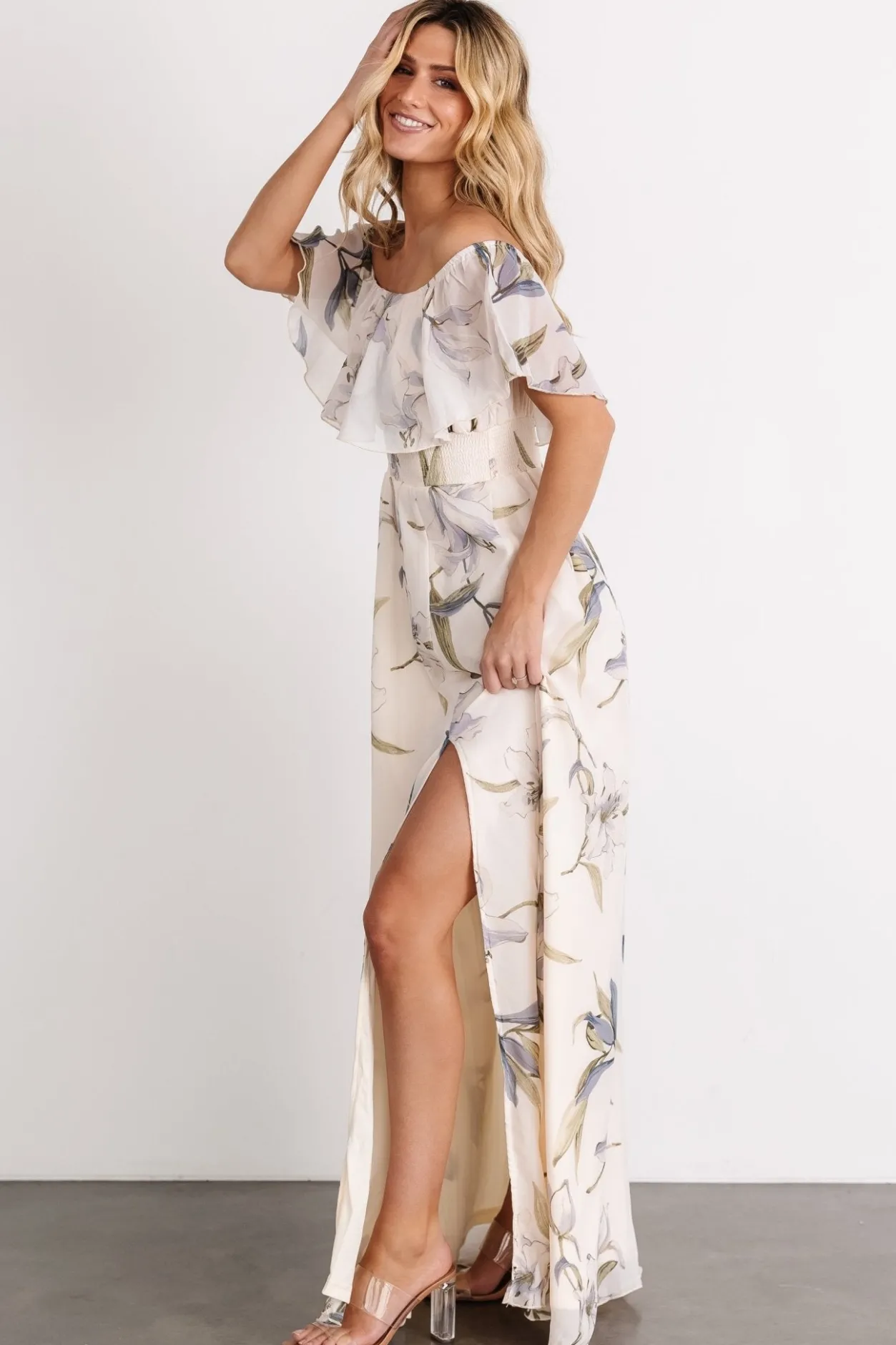 New Baltic Born Daphne Off Shoulder Maxi Dress | Beige + Blue Floral Beige+BlueFloral