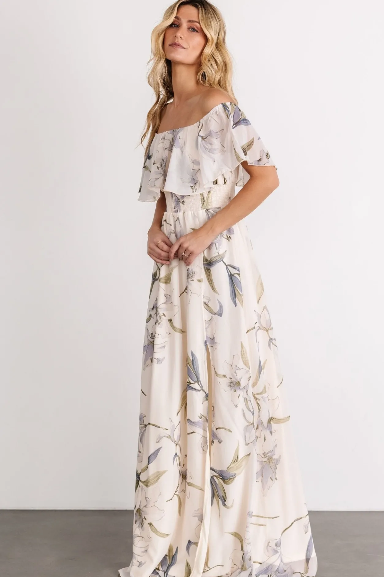 New Baltic Born Daphne Off Shoulder Maxi Dress | Beige + Blue Floral Beige+BlueFloral