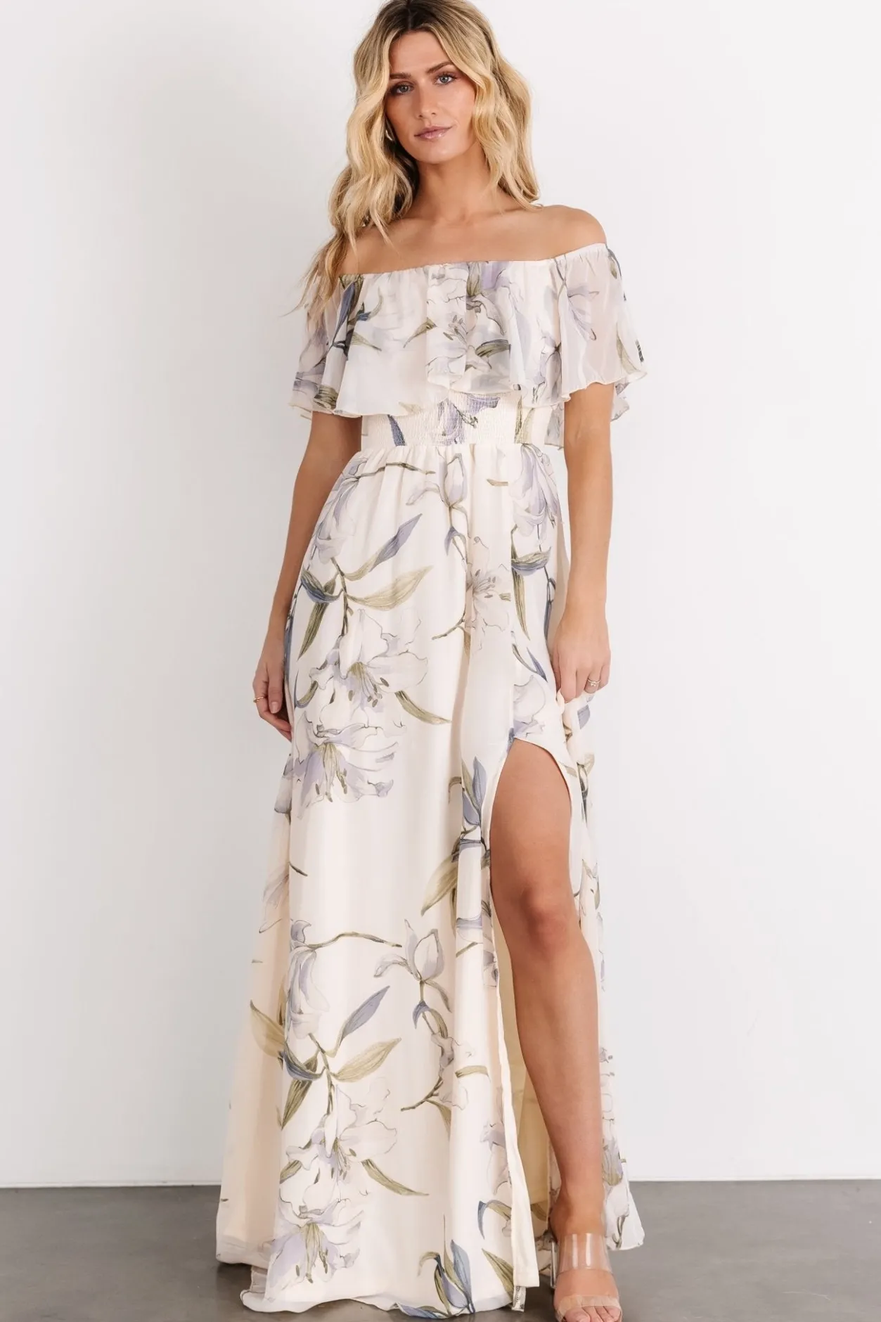 New Baltic Born Daphne Off Shoulder Maxi Dress | Beige + Blue Floral Beige+BlueFloral