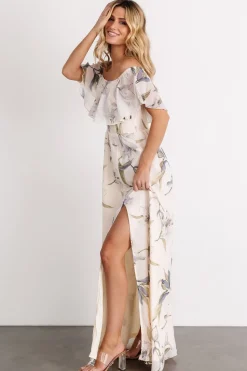 New Baltic Born Daphne Off Shoulder Maxi Dress | Beige + Blue Floral Beige+BlueFloral
