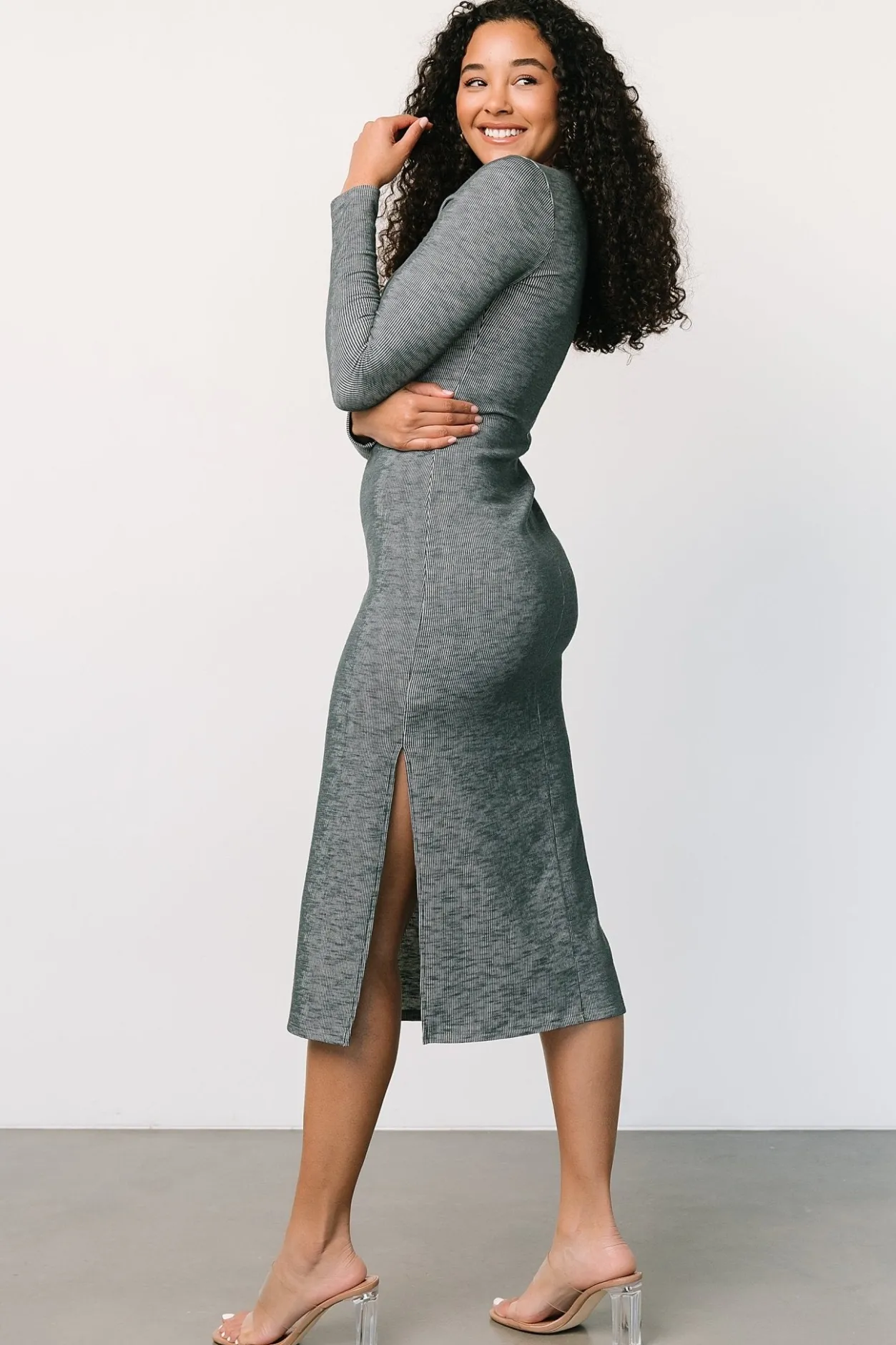 Discount Baltic Born Denver Ribbed Midi Dress | Heathered Jade HeatheredJade