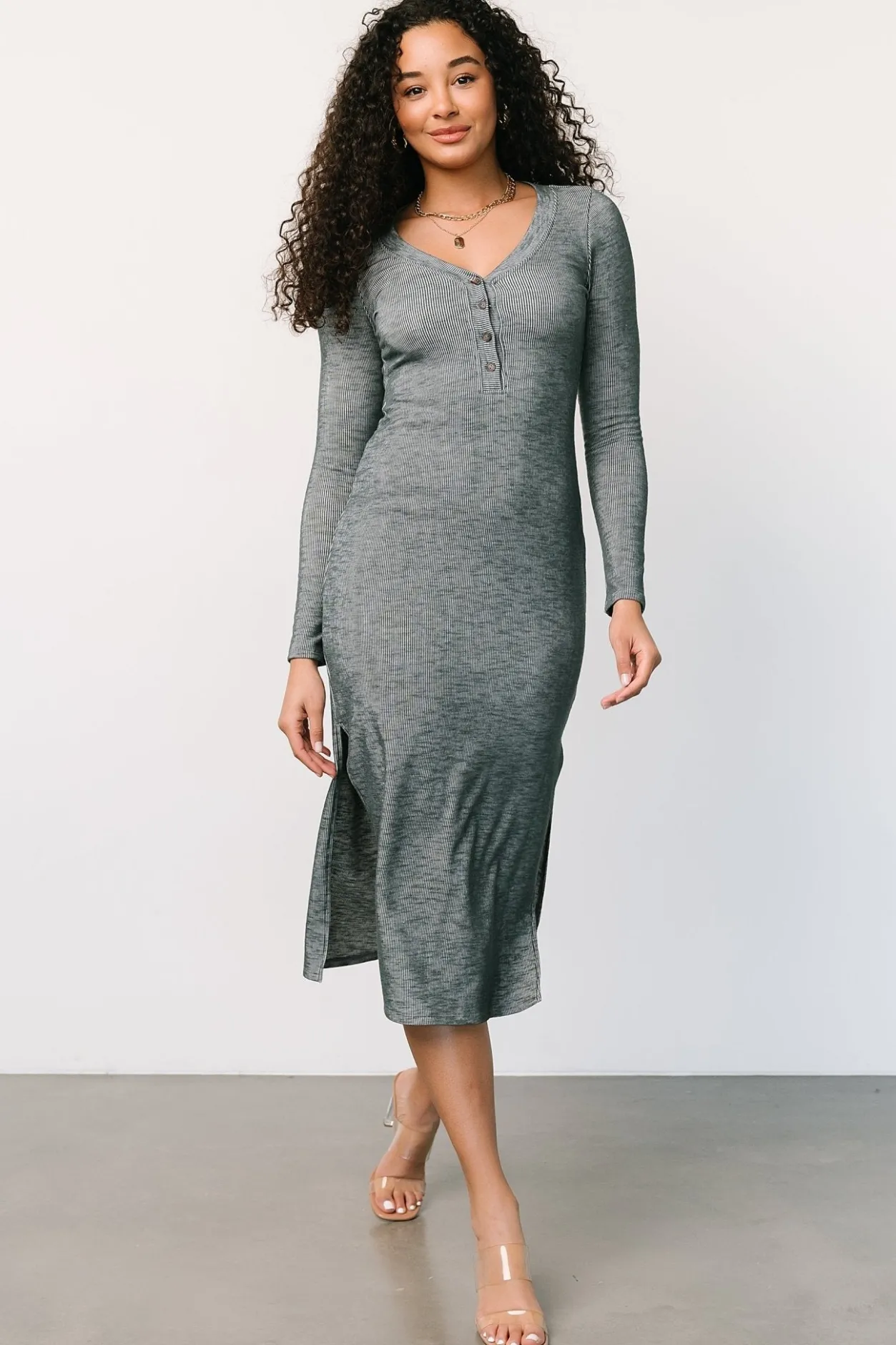 Discount Baltic Born Denver Ribbed Midi Dress | Heathered Jade HeatheredJade