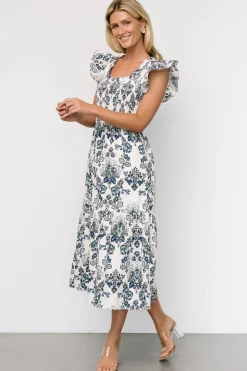 Clearance Baltic Born Dominique Midi Dress | White + Cobalt White+Cobalt