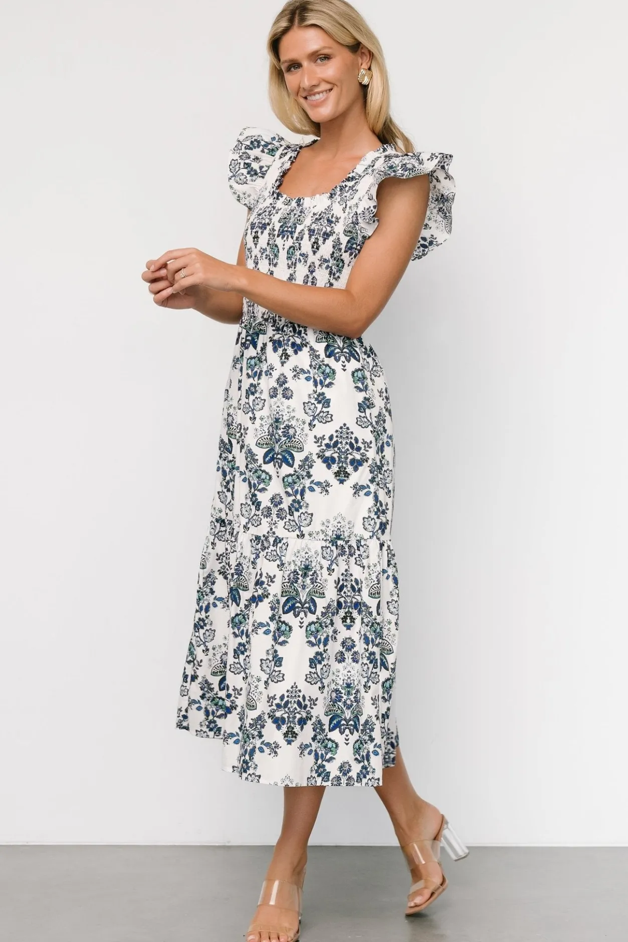 Clearance Baltic Born Dominique Midi Dress | White + Cobalt White+Cobalt