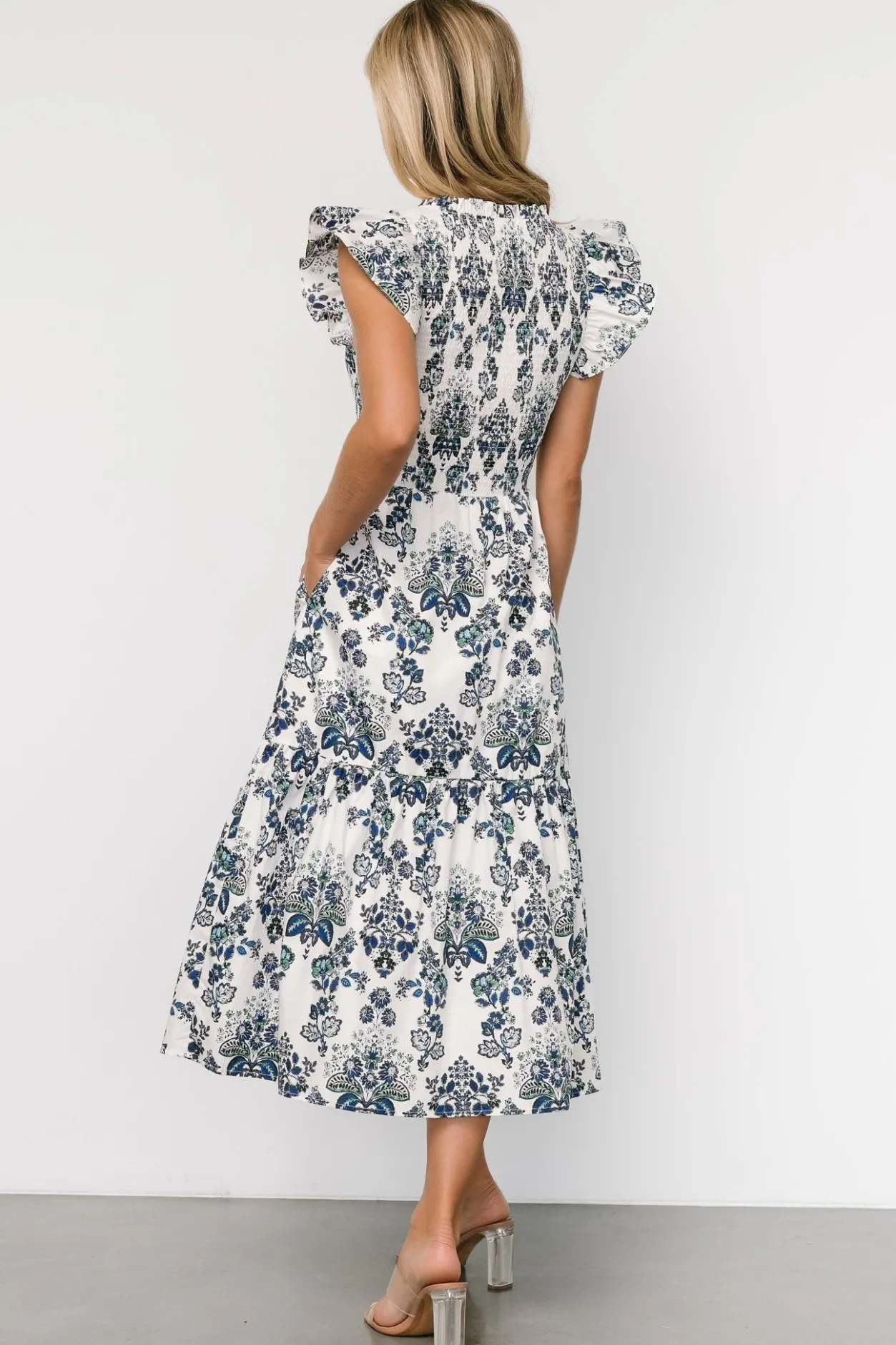 Clearance Baltic Born Dominique Midi Dress | White + Cobalt White+Cobalt