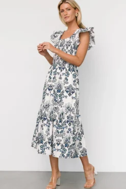 Clearance Baltic Born Dominique Midi Dress | White + Cobalt White+Cobalt