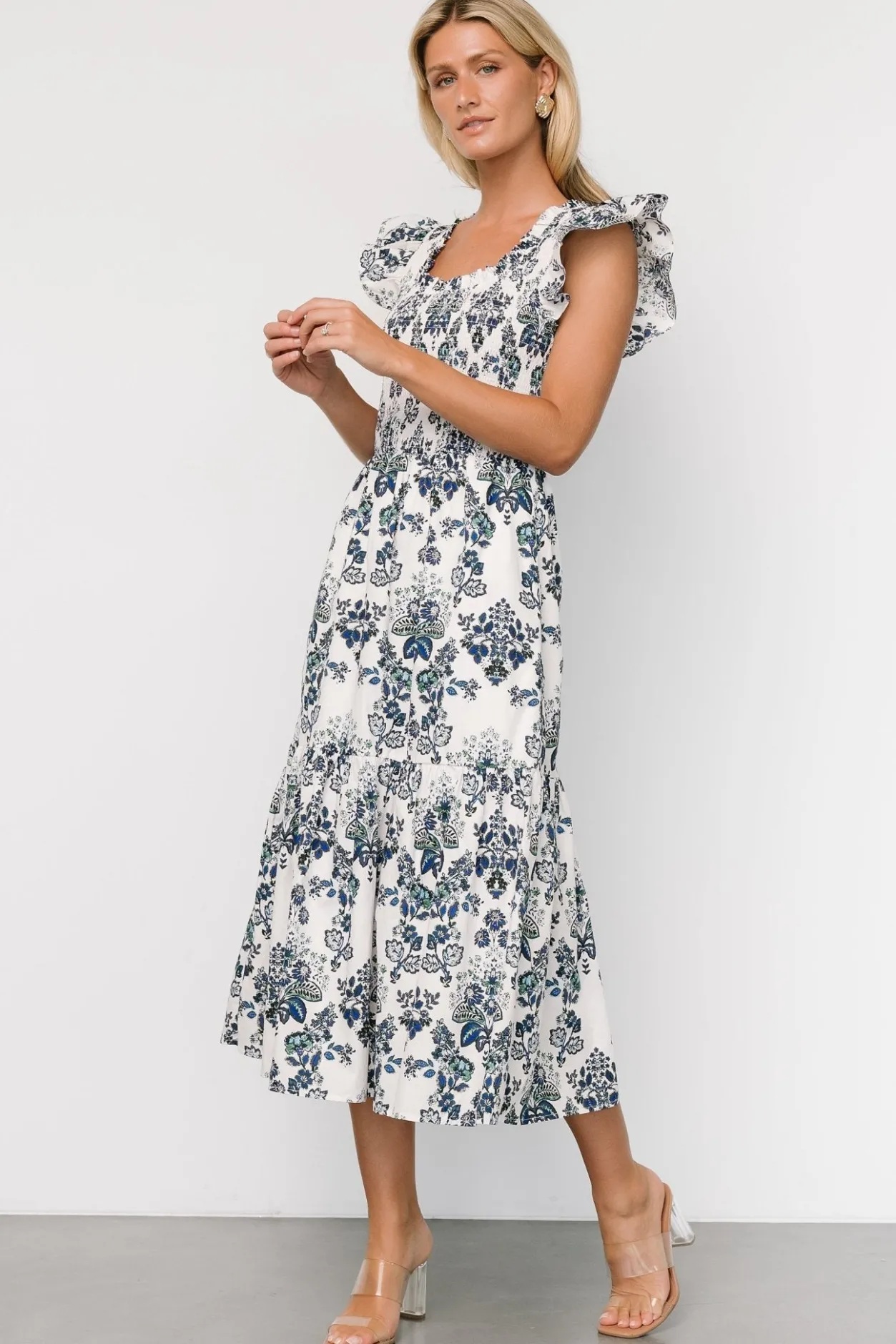 Clearance Baltic Born Dominique Midi Dress | White + Cobalt White+Cobalt