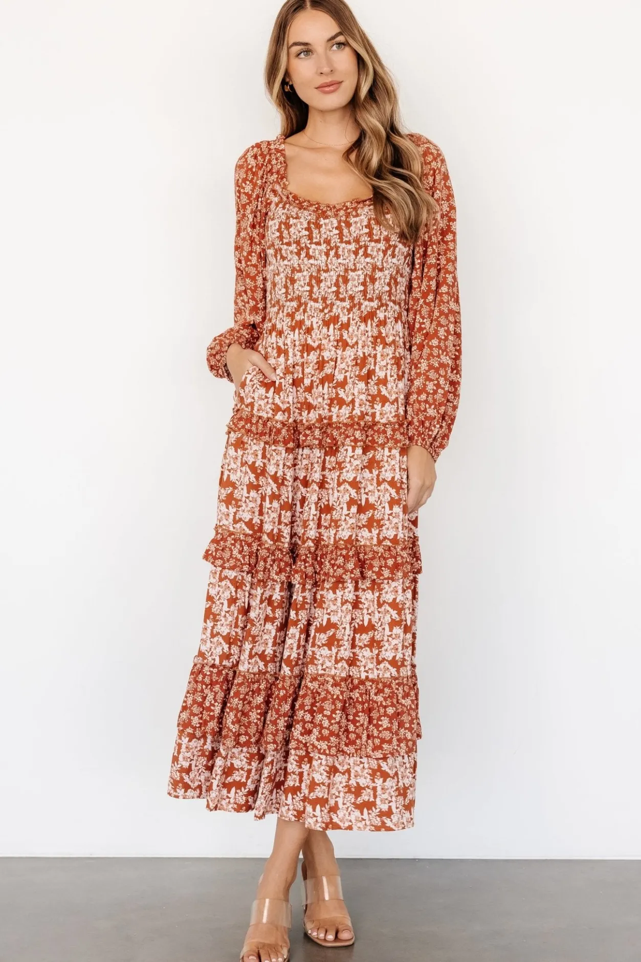 Clearance Baltic Born Dynah Tiered Dress | Rust +Cream Floral Rust+CreamFloral