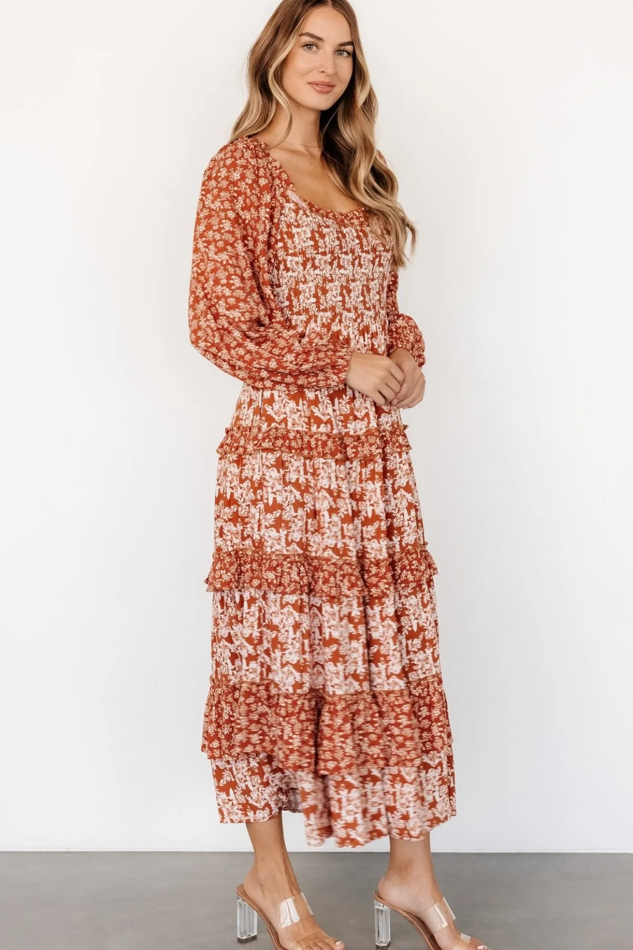 Clearance Baltic Born Dynah Tiered Dress | Rust +Cream Floral Rust+CreamFloral
