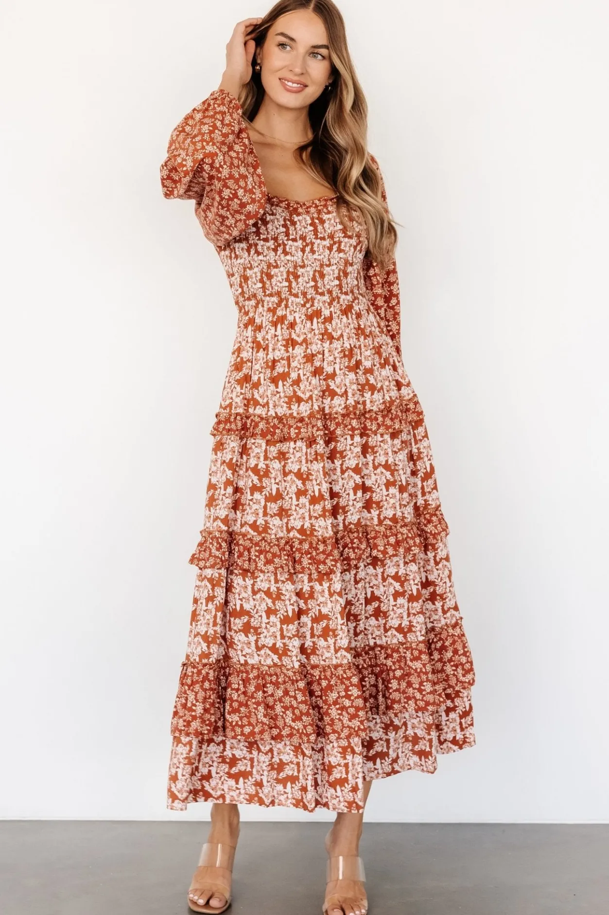 Clearance Baltic Born Dynah Tiered Dress | Rust +Cream Floral Rust+CreamFloral