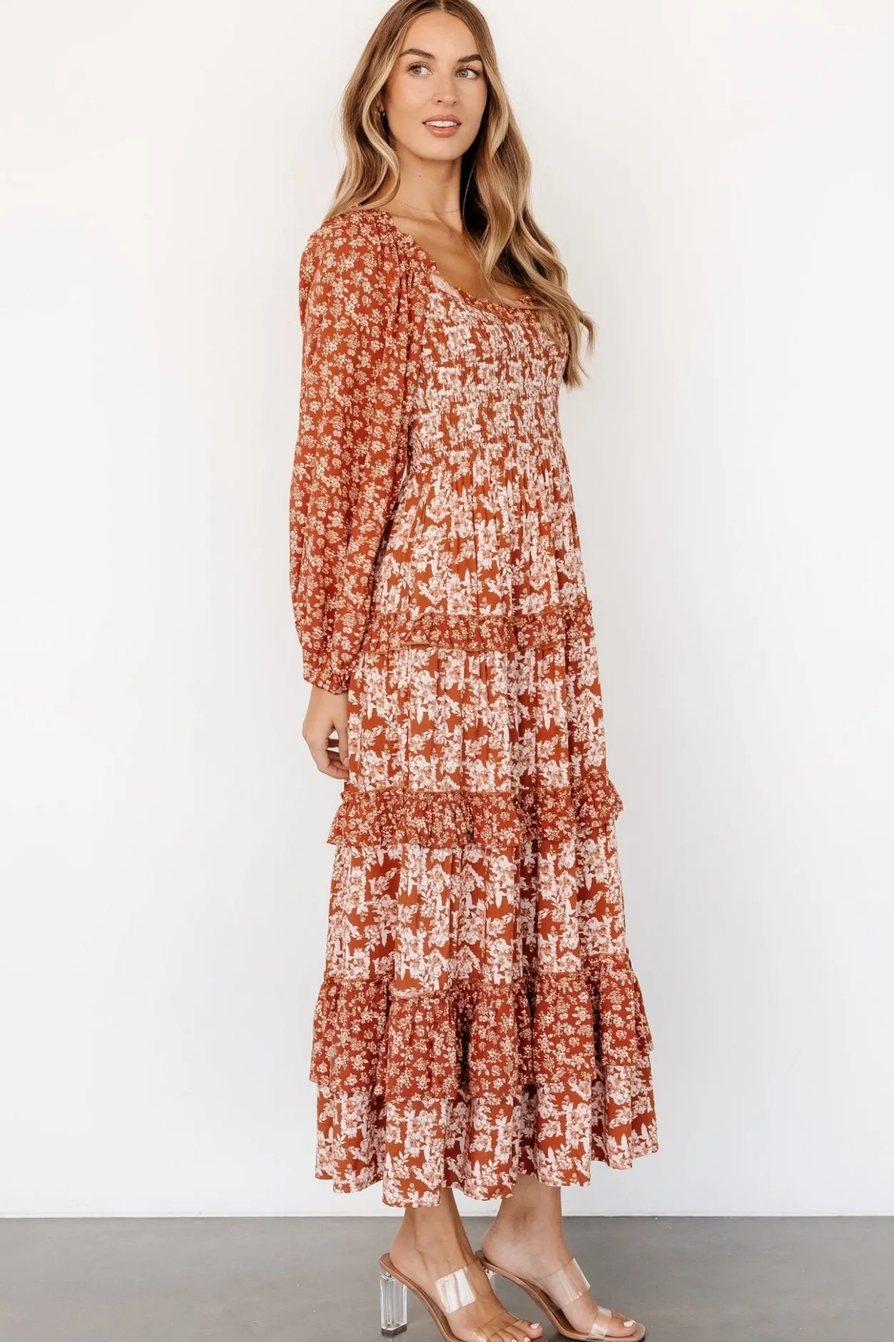 Clearance Baltic Born Dynah Tiered Dress | Rust +Cream Floral Rust+CreamFloral