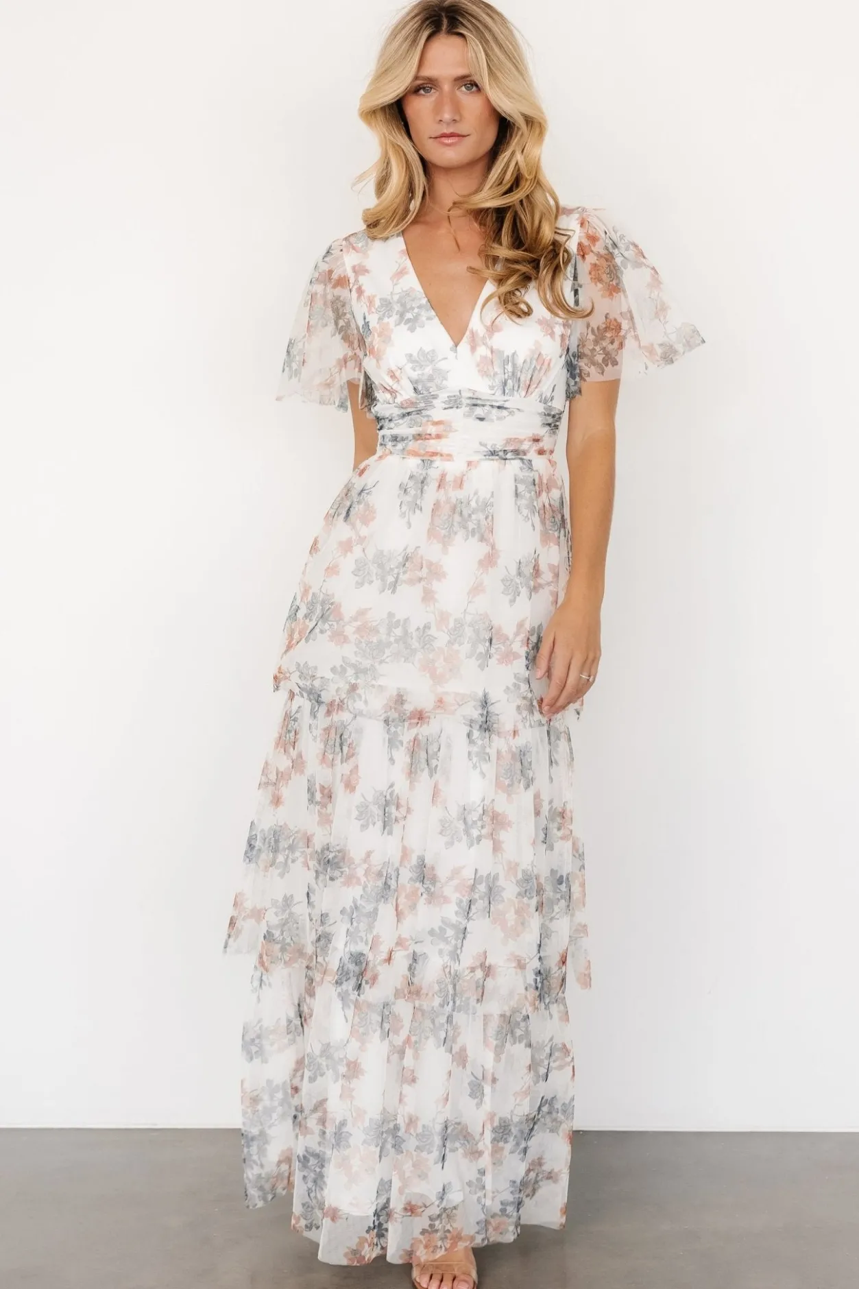 Sale Baltic Born Elinor Tiered Tulle Dress | Off White + Peach Floral OffWhite+PeachFloral