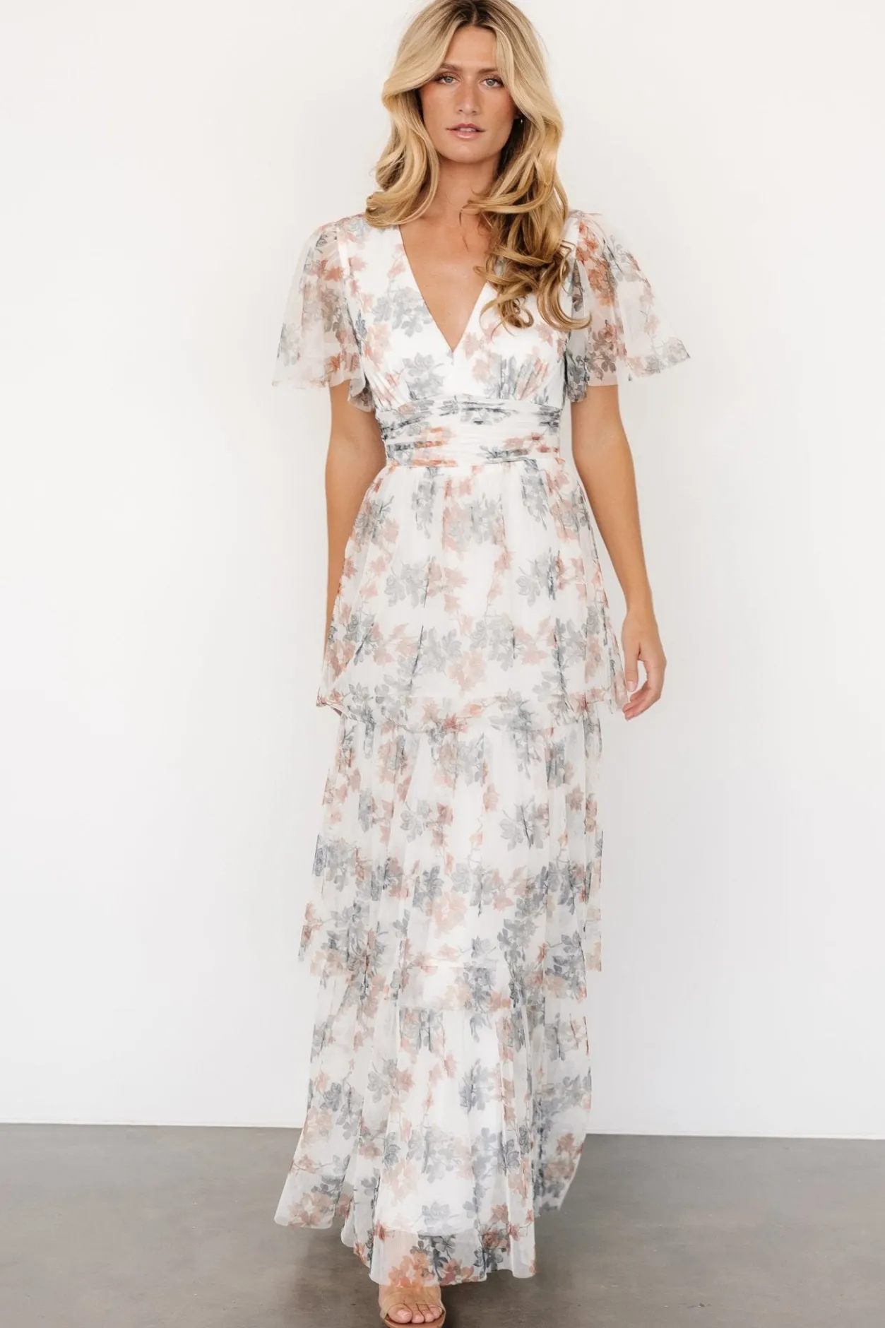 Sale Baltic Born Elinor Tiered Tulle Dress | Off White + Peach Floral OffWhite+PeachFloral