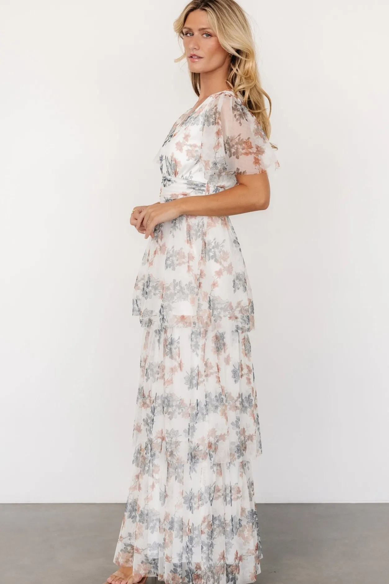 Sale Baltic Born Elinor Tiered Tulle Dress | Off White + Peach Floral OffWhite+PeachFloral