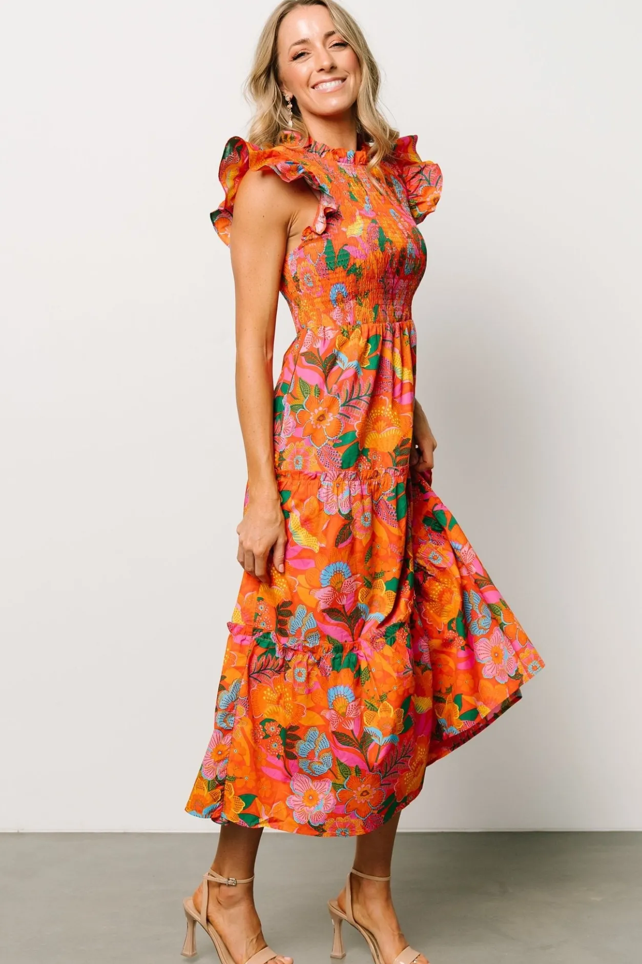 Online Baltic Born Emily Smocked Tier Dress | Orange Floral OrangeFloral