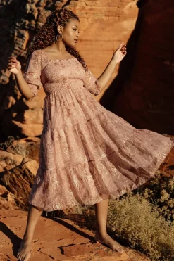 Online Baltic Born Fabian Jacquard Midi Dress | Mauve + Gold Mauve+Gold
