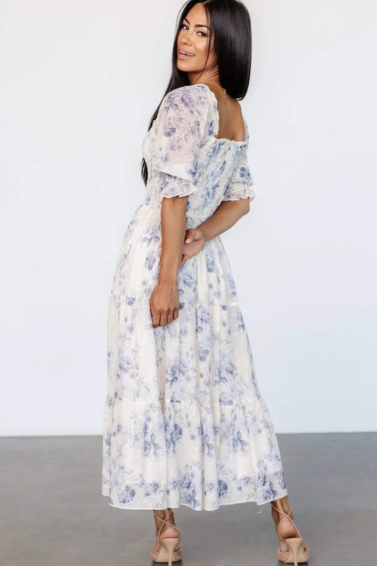 Hot Baltic Born Fabian Jacquard Midi Dress | Cream + Blue Floral Cream+BlueFloral