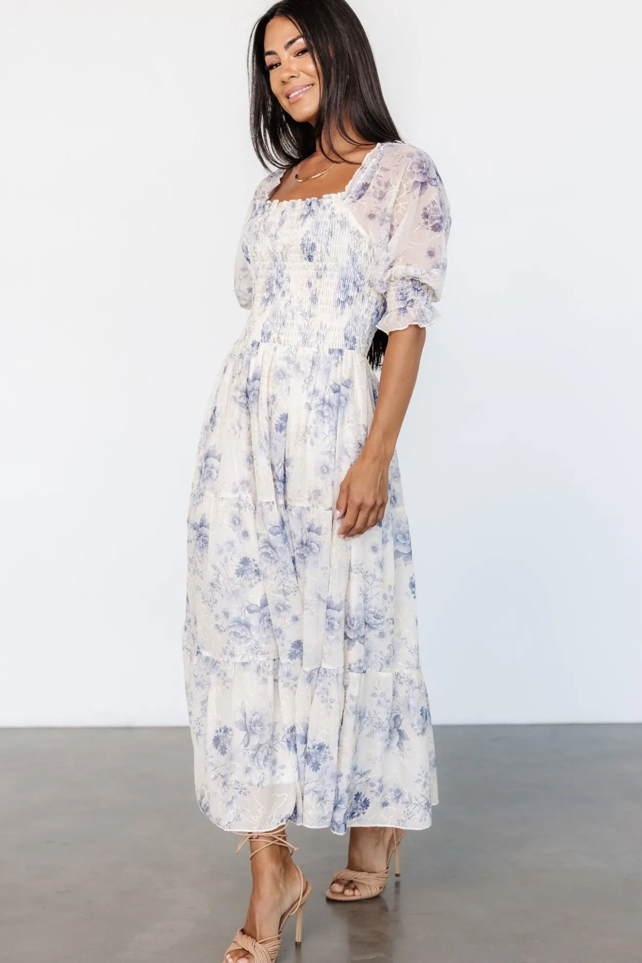 Hot Baltic Born Fabian Jacquard Midi Dress | Cream + Blue Floral Cream+BlueFloral
