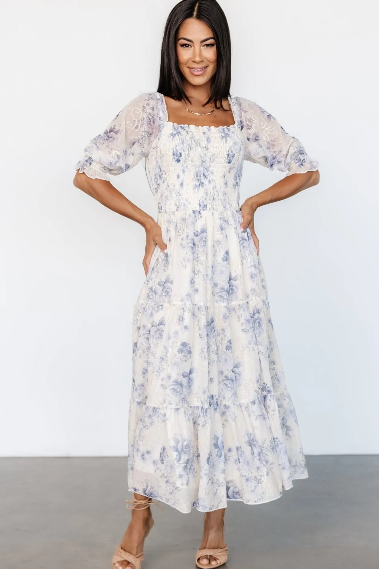 Hot Baltic Born Fabian Jacquard Midi Dress | Cream + Blue Floral Cream+BlueFloral