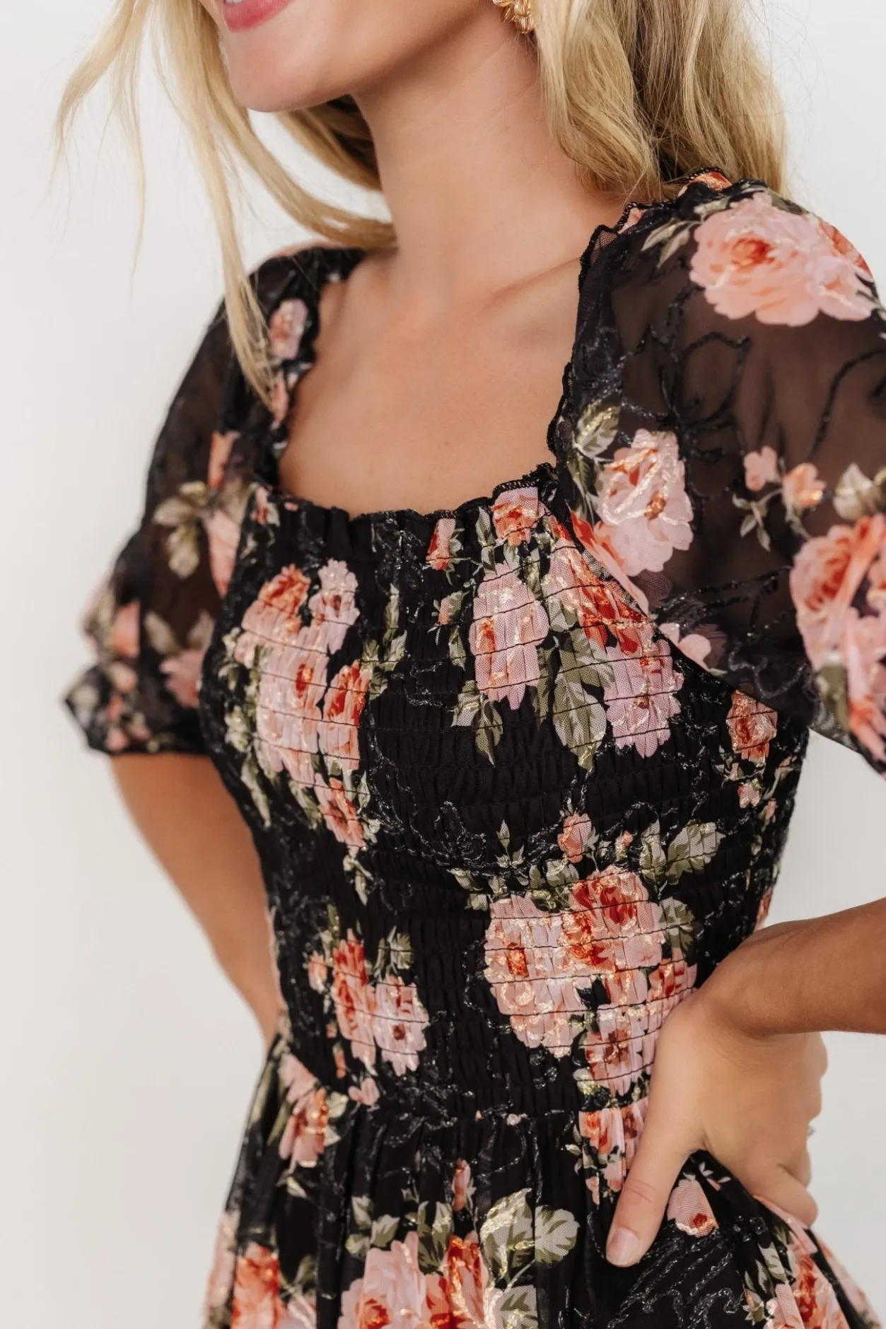 Outlet Baltic Born Fabian Jacquard Midi Dress | Peach + Black Floral Peach+BlackFloral