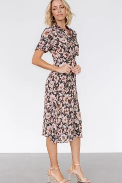 Discount Baltic Born Feya Button Midi Dress | Black + Mauve Floral Black+MauveFloral