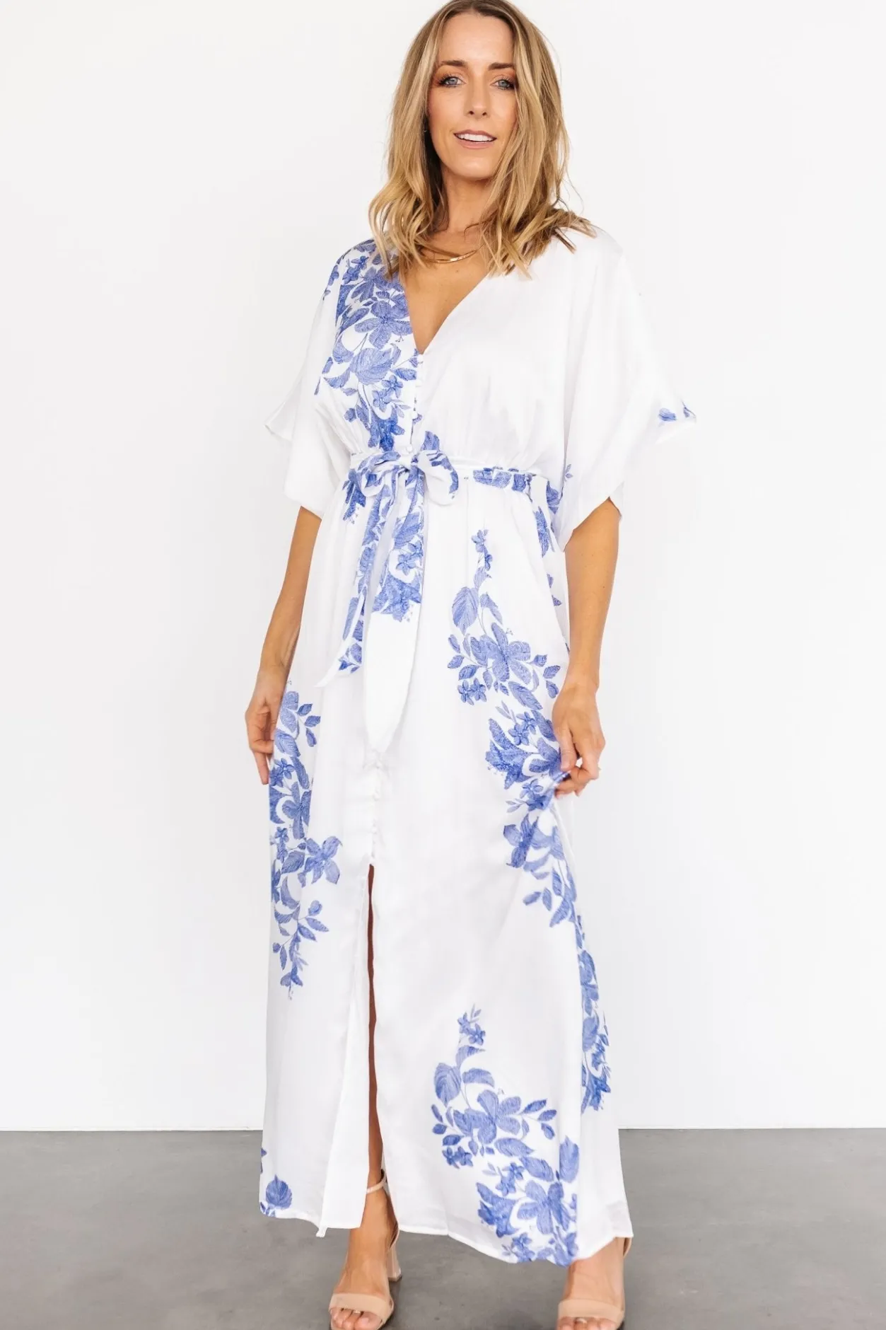 Fashion Baltic Born Florina Kimono Maxi Dress | White + Blue White+Blue