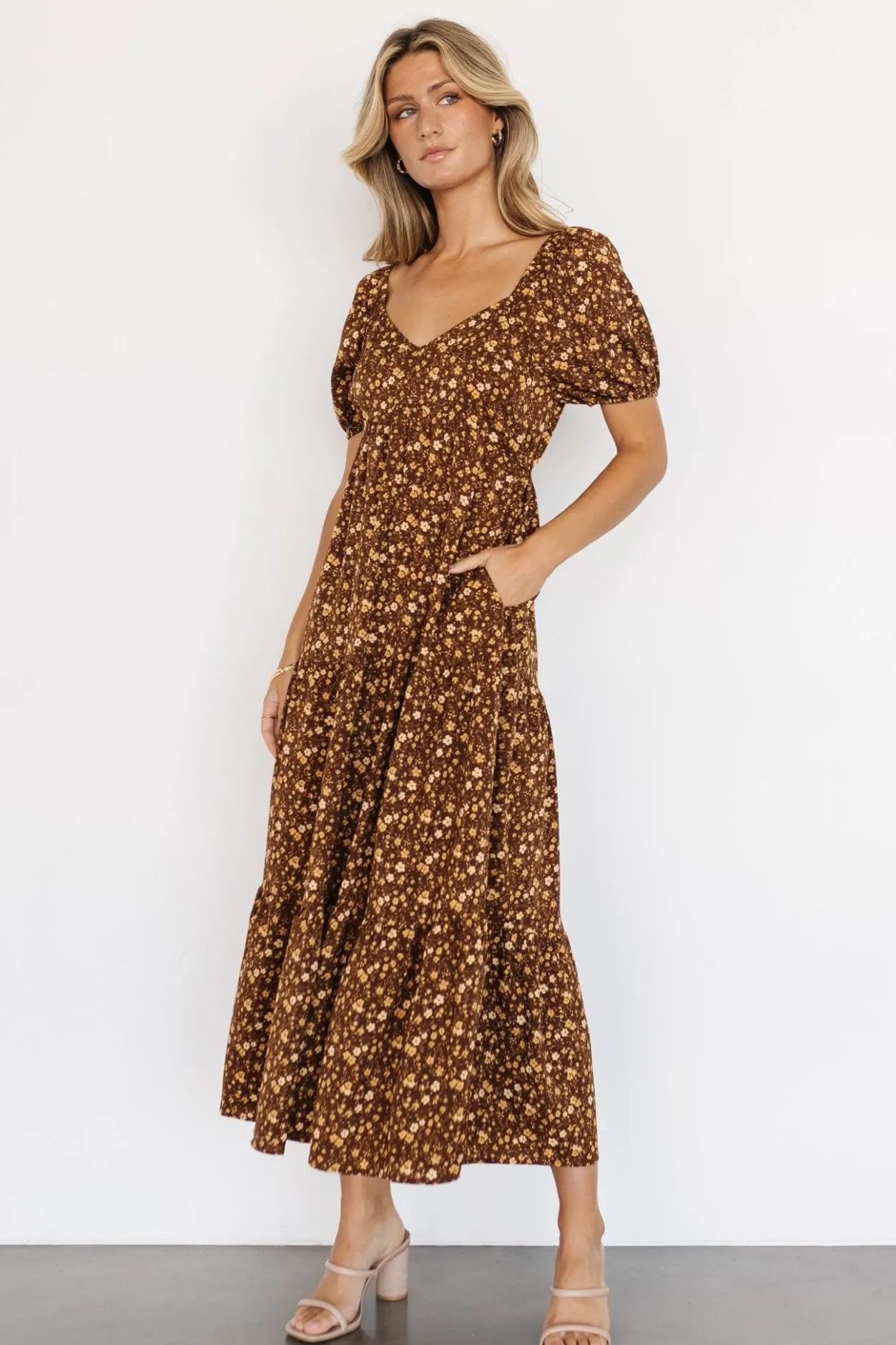Clearance Baltic Born Gables Puff Sleeve Maxi Dress | Brown Multi BrownMulti