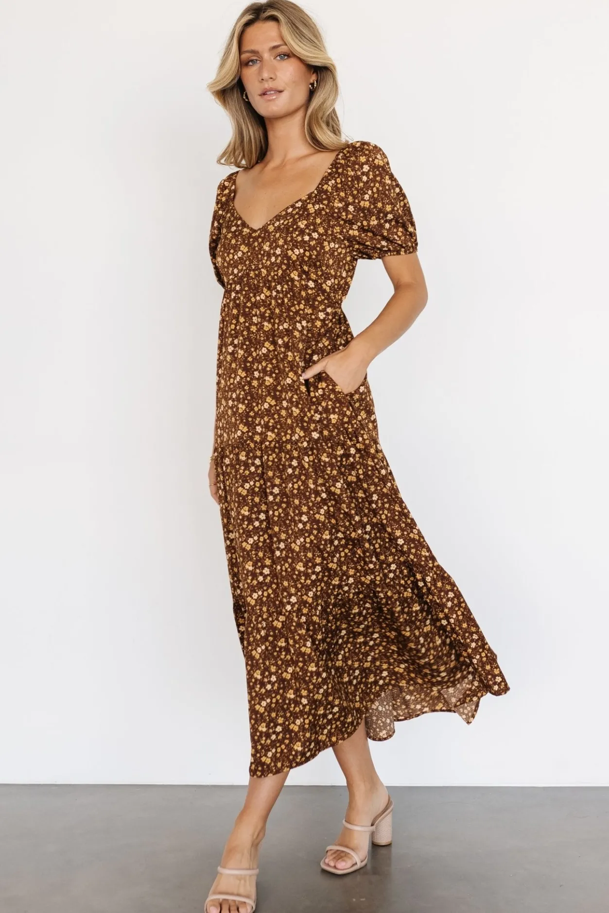 Clearance Baltic Born Gables Puff Sleeve Maxi Dress | Brown Multi BrownMulti