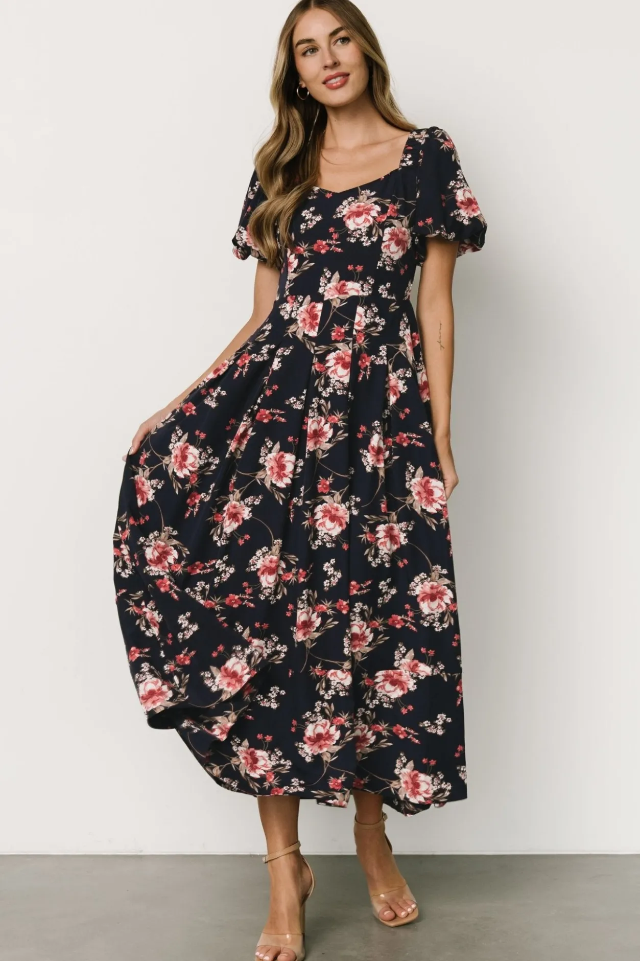 Online Baltic Born Greta Pleated Maxi Dress | Navy + Pink Floral Navy+PinkFloral