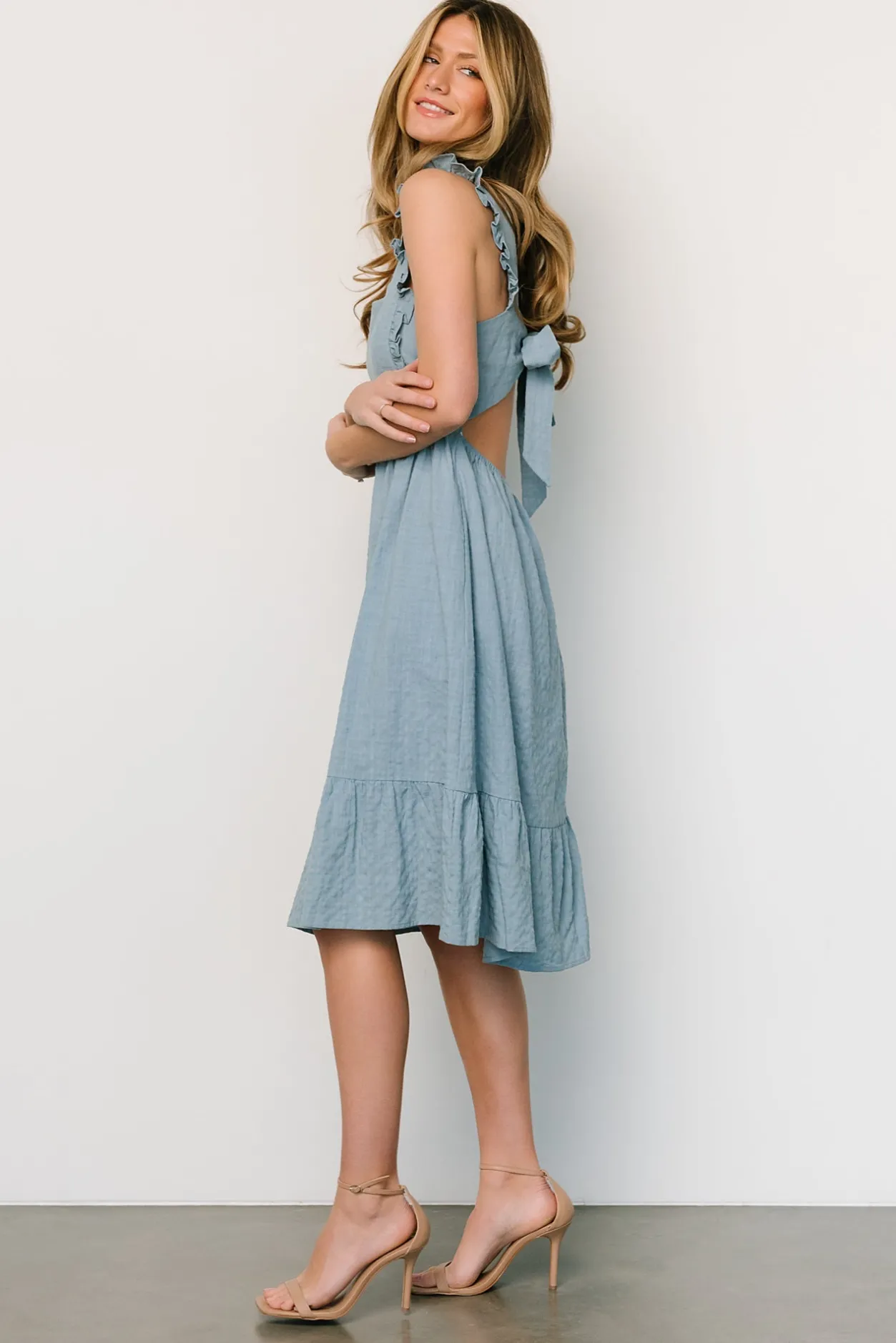 Sale Baltic Born Gretta Ruffle Tie Back Midi Dress | Dusty Blue DustyBlue