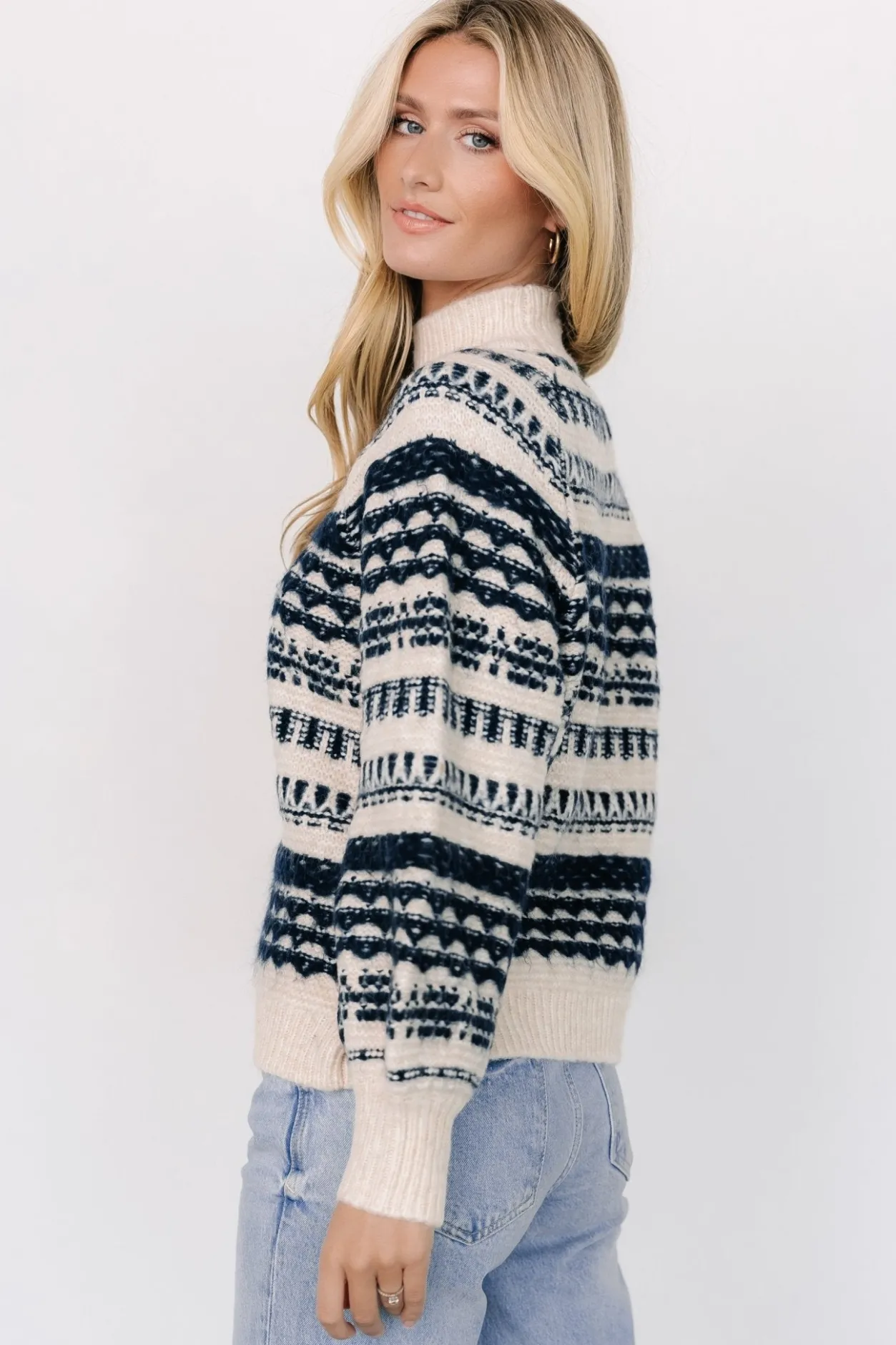 Hot Baltic Born Guadalupe Mock Neck Sweater | Ivory + Navy Ivory+Navy