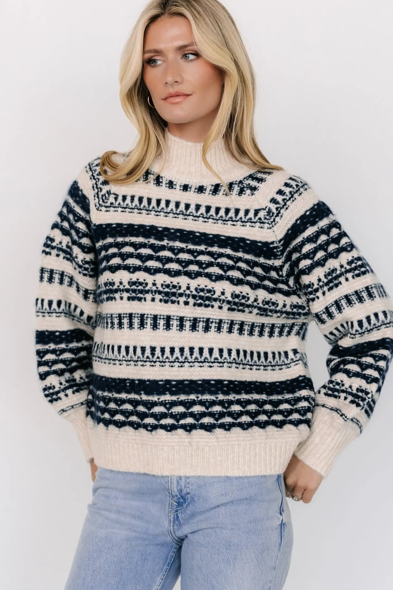 Hot Baltic Born Guadalupe Mock Neck Sweater | Ivory + Navy Ivory+Navy