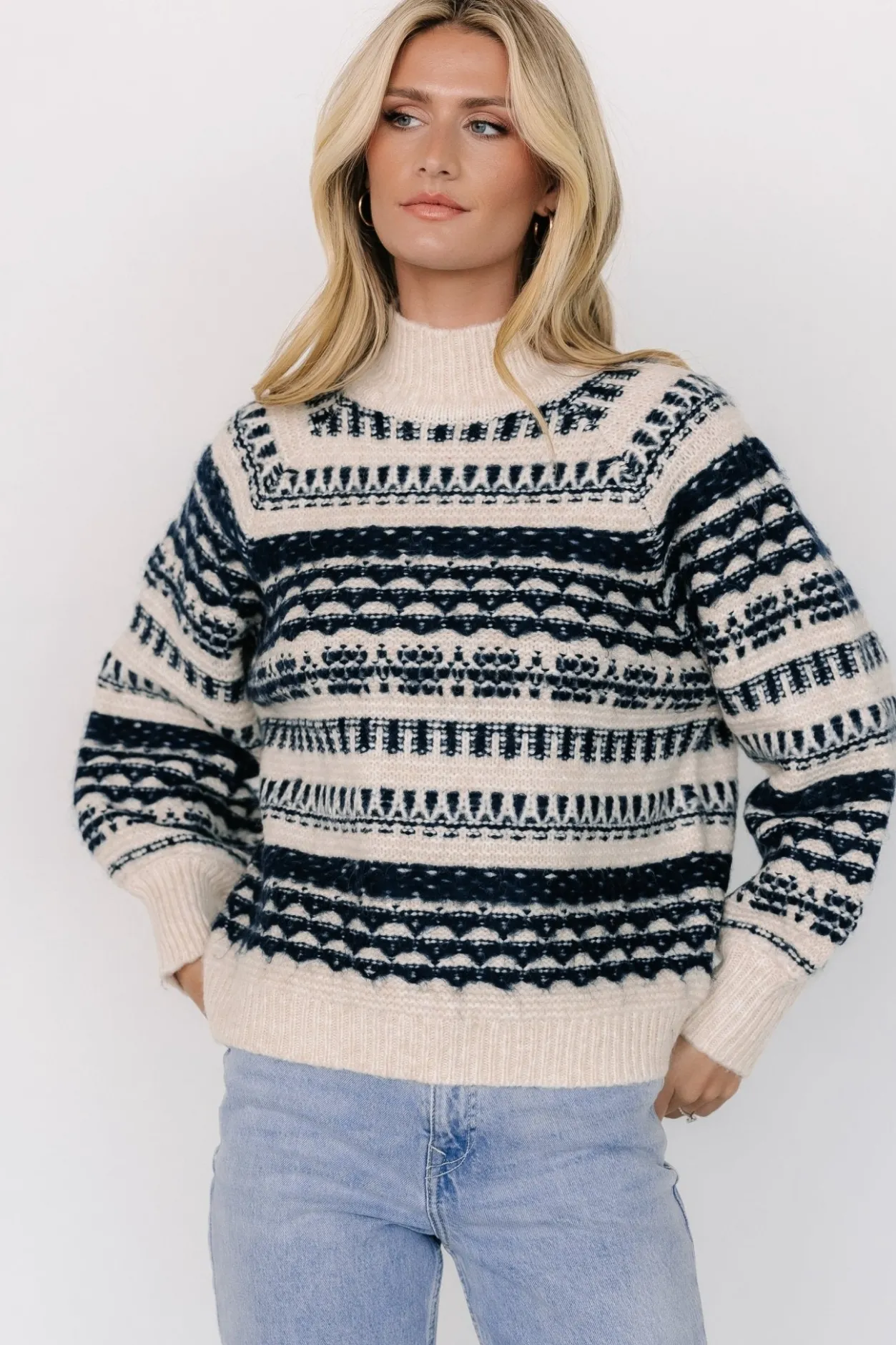 Hot Baltic Born Guadalupe Mock Neck Sweater | Ivory + Navy Ivory+Navy