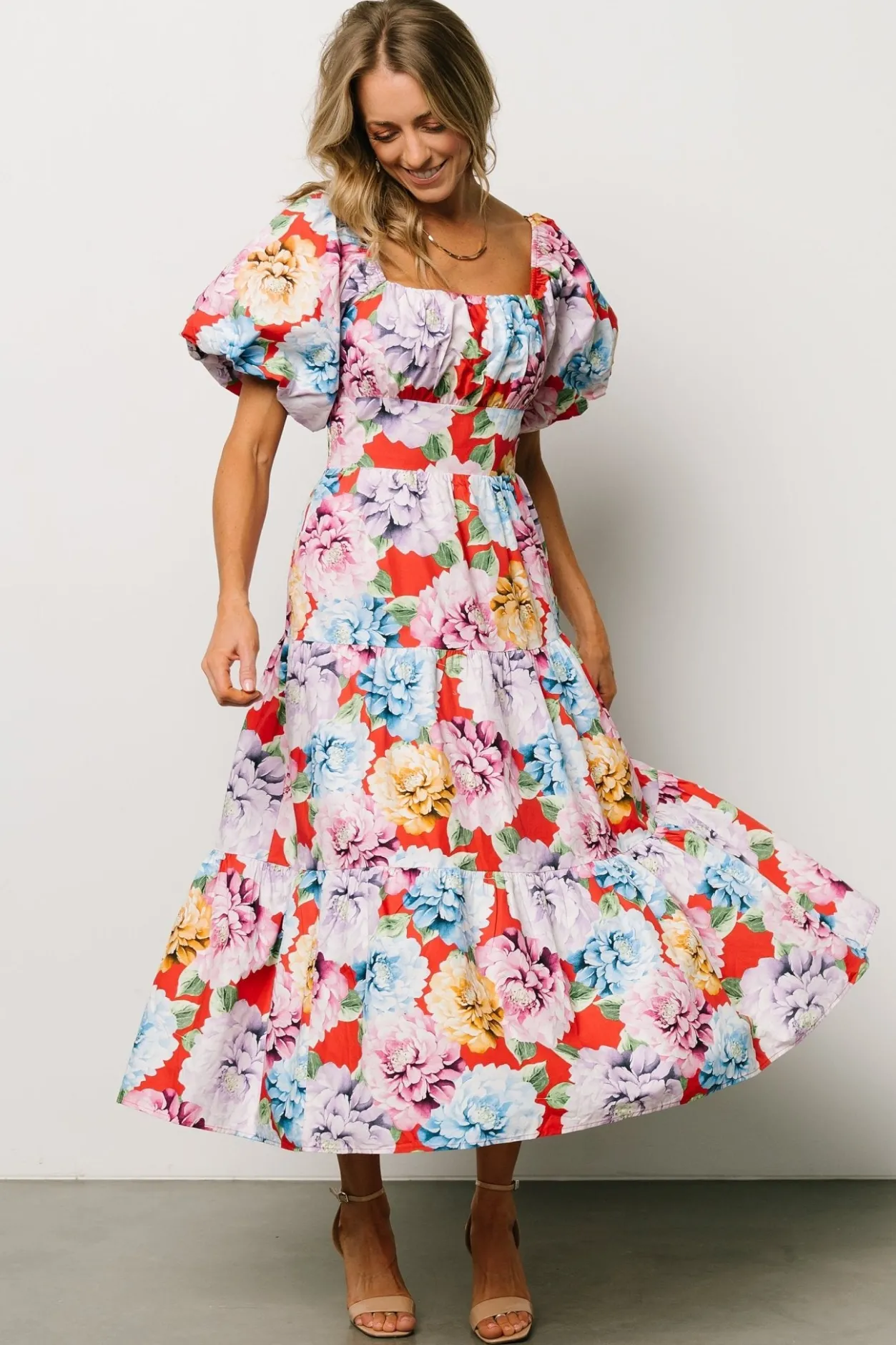 Discount Baltic Born Iva Puff Sleeve Midi Dress | Red Multi Floral RedMultiFloral