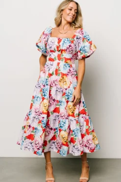 Discount Baltic Born Iva Puff Sleeve Midi Dress | Red Multi Floral RedMultiFloral