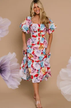 Discount Baltic Born Iva Puff Sleeve Midi Dress | Red Multi Floral RedMultiFloral